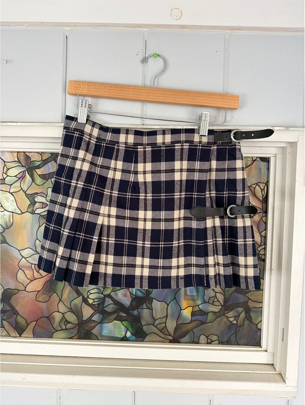 Brandy Melville Navy and White Plaid Pleated Mini Skirt with Buckle Detail